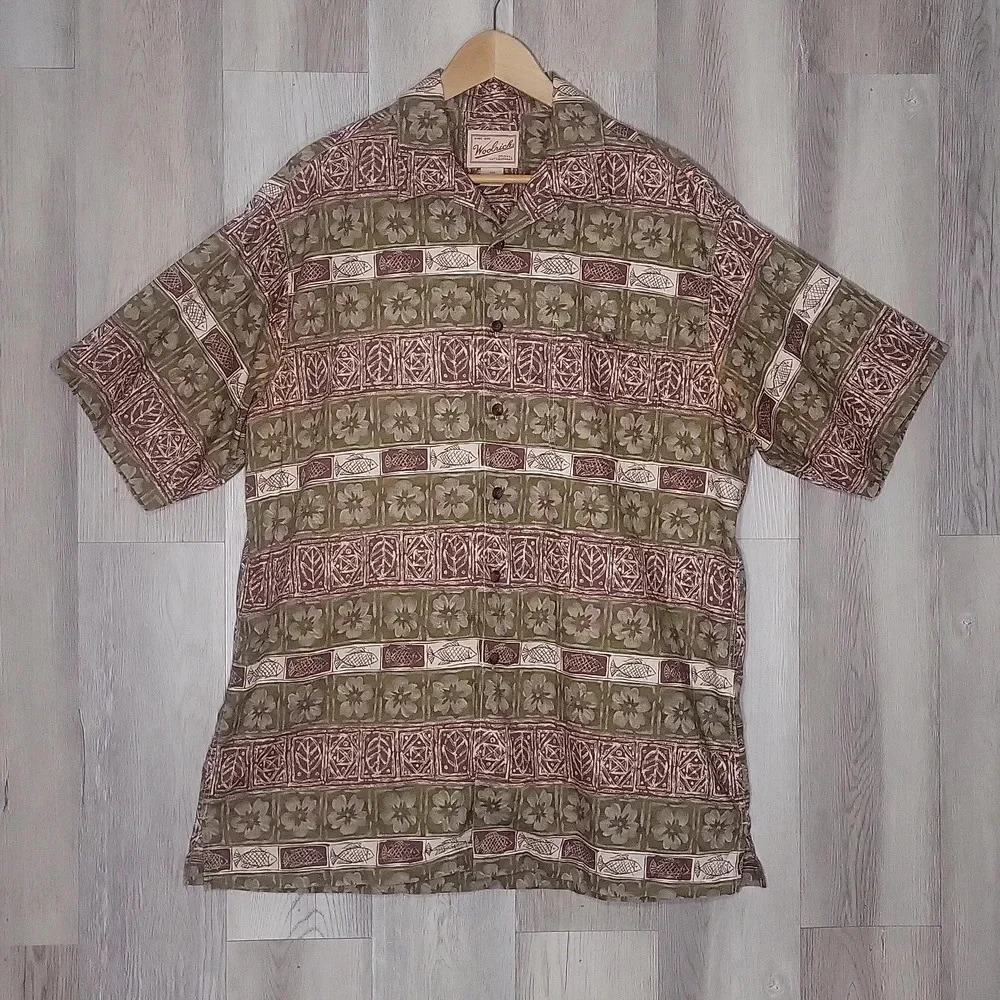 Woolrich Vintage Mens Large Short Sleeve Collared Button Up Shirt Fish Floral